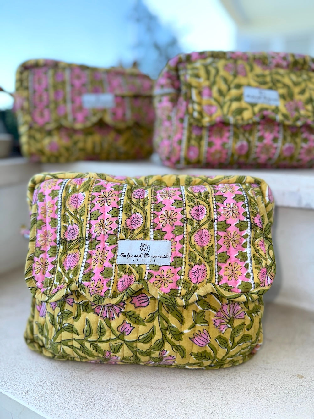 yellow and pink block printed cosmetics pouches - the fox and the mermaid