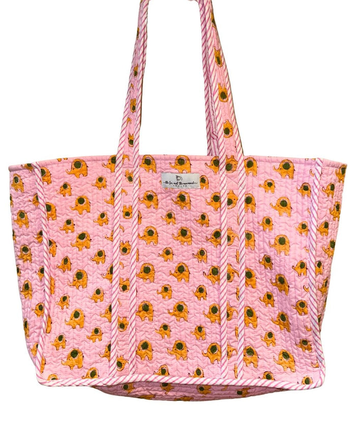 block printed tote with elephant print