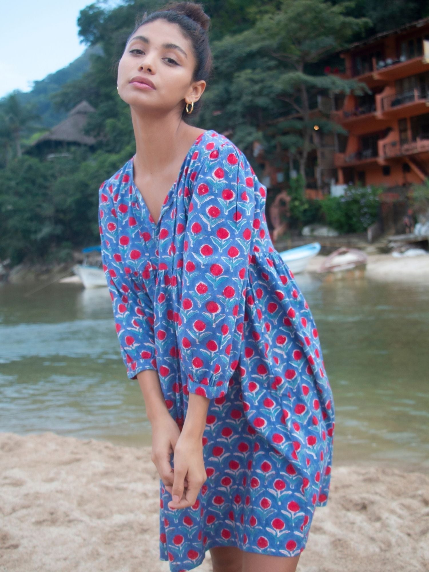 blue cotton mini dress from india romantic indian block printed dress  - The Fox and the Mermaid