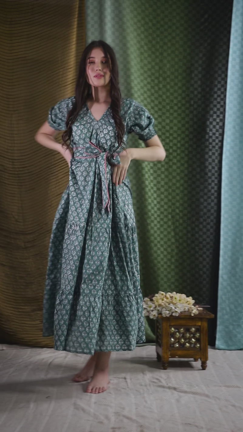long green block printed dress with belt - The Fox and the Mermaid