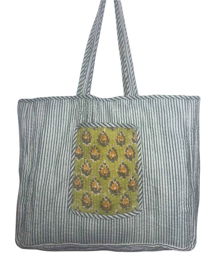 blue and white striped cotton shoulder bag