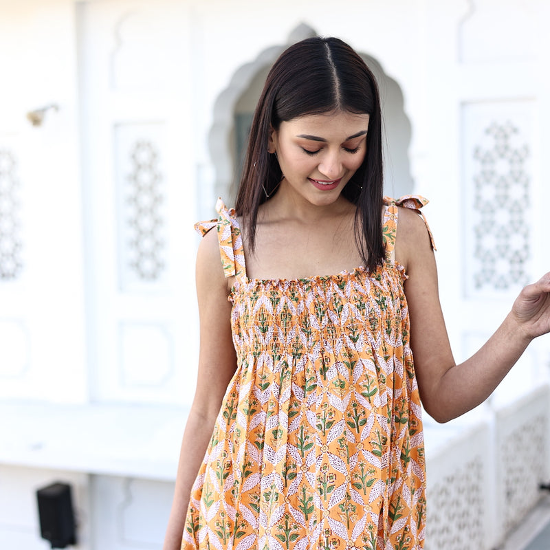 block printed yellow dress