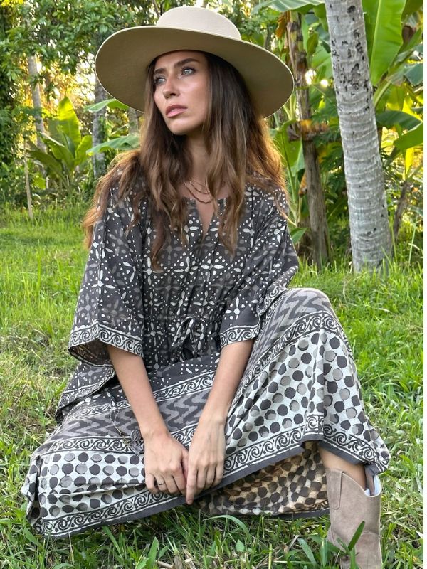 brown naturally dyed block printed kaftan dress - the fox and the mermaid