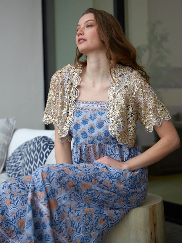blue and gold block printed dress - the fox and the Mermaid