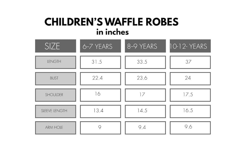 Measurement chart for children's waffle robes in inches by size.