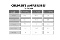 Measurement chart for children's waffle robes in inches by size.