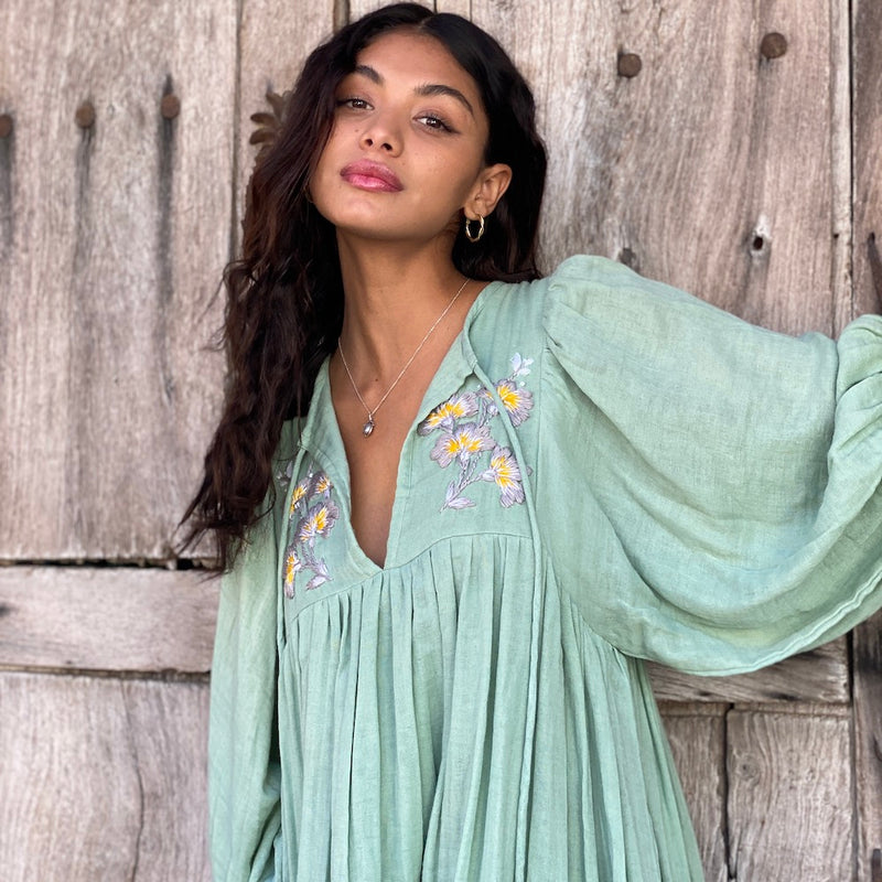 Kashiti Dress in Retro Green - Embroidered Double Cotton Gauze The Fox and The Mermaid Kashiti Dress in Retro Green - Embroidered Double Cotton Gauze The Fox and The Mermaid