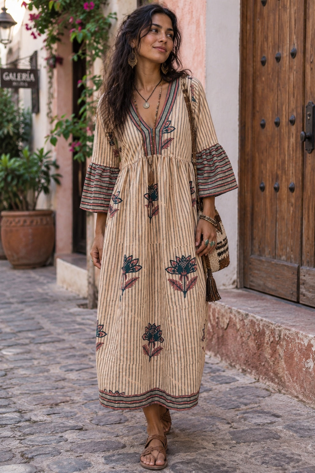 v neck midi dress with large block prined flowers