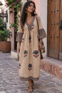 v neck midi dress with large block prined flowers