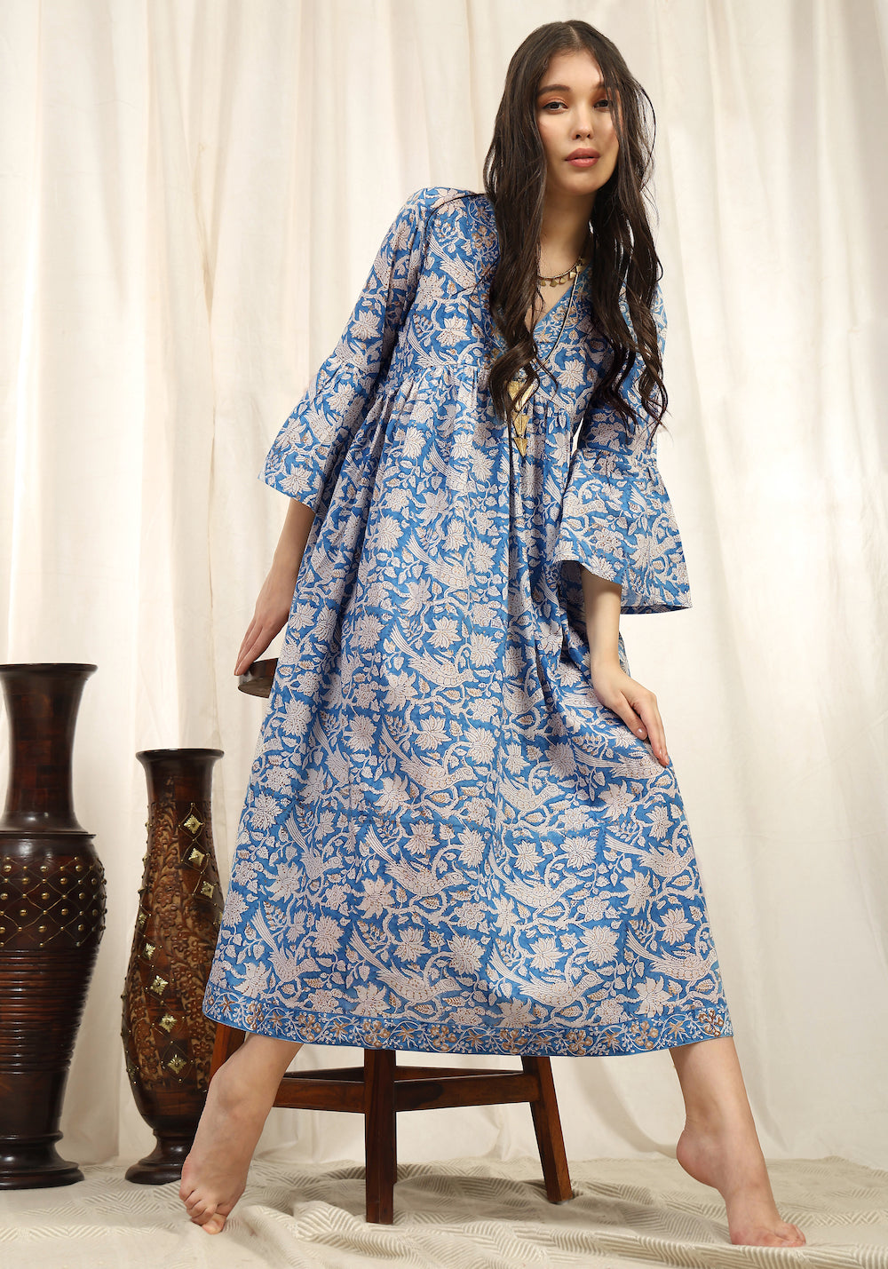 maxi dress with gold and birds - The Fox and the Mermaid