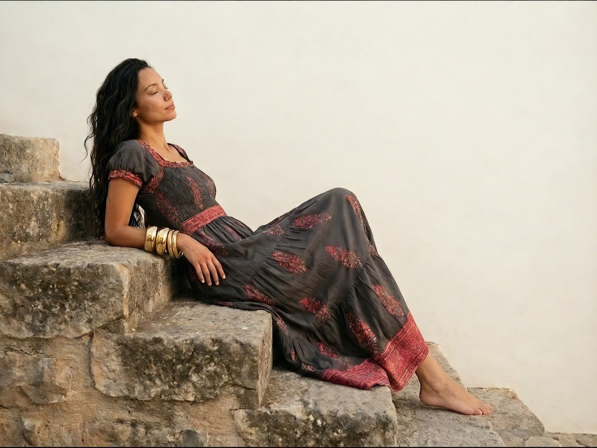 gray and pink long dress block printed