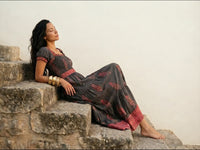 gray and pink long dress block printed