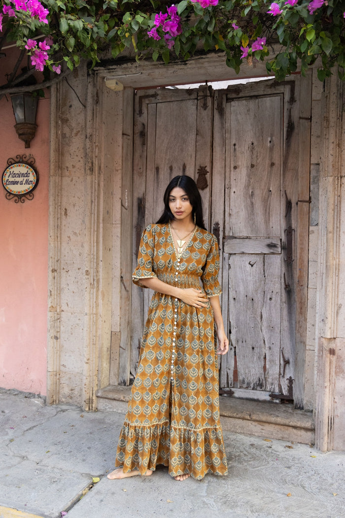 cotton block print dress Sea Blue Pure Hand Printed For Women Online Okhaistore Perfect for travel Emilia Organic Cotton Hand Block-Print