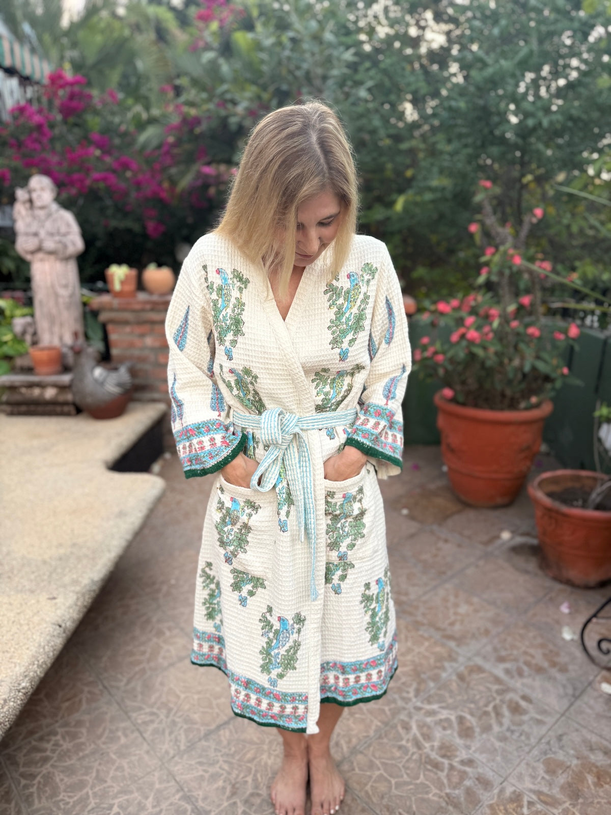 cotton waffle block printed robe
