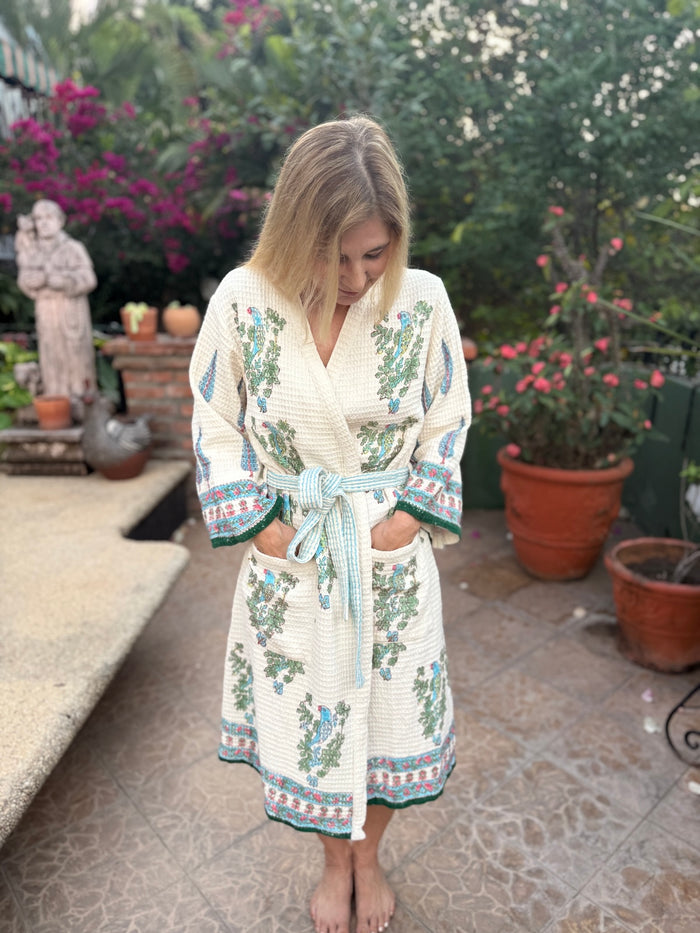 cotton waffle block printed robe