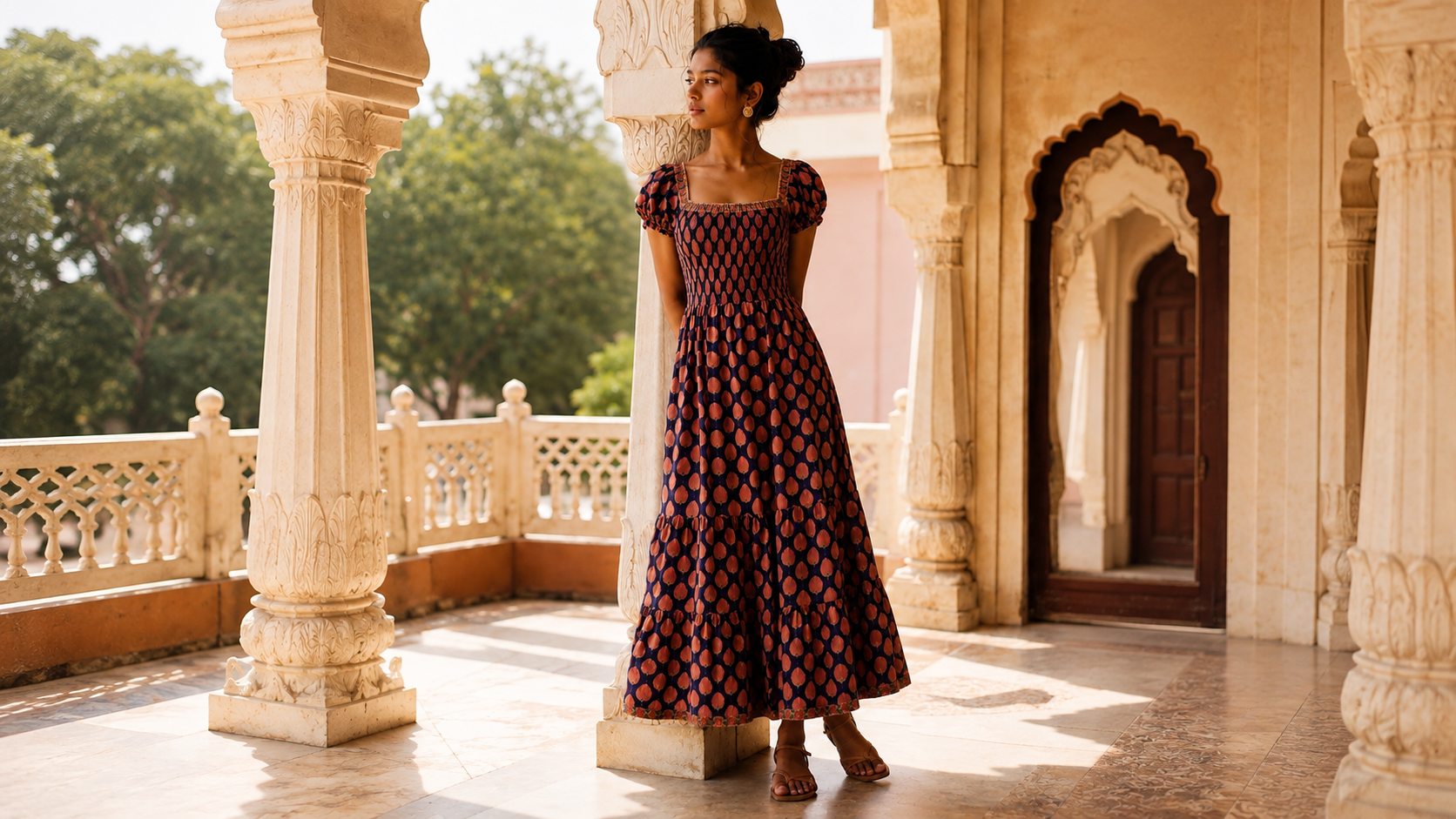 purple and pink block printed maxi with smocked bust