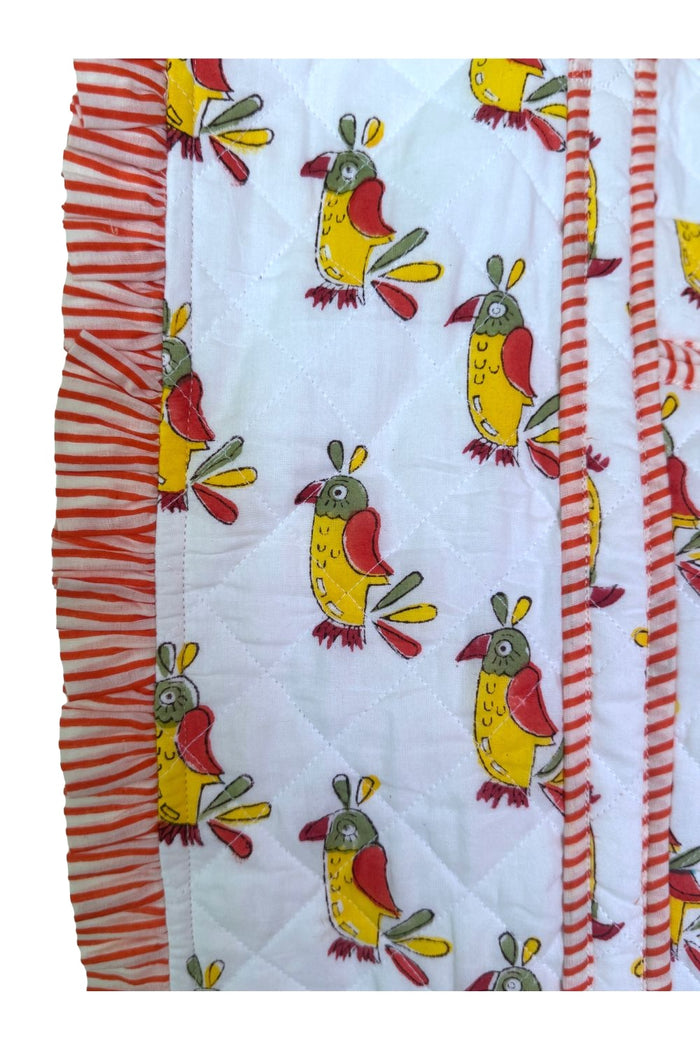 block printing detail of parrots