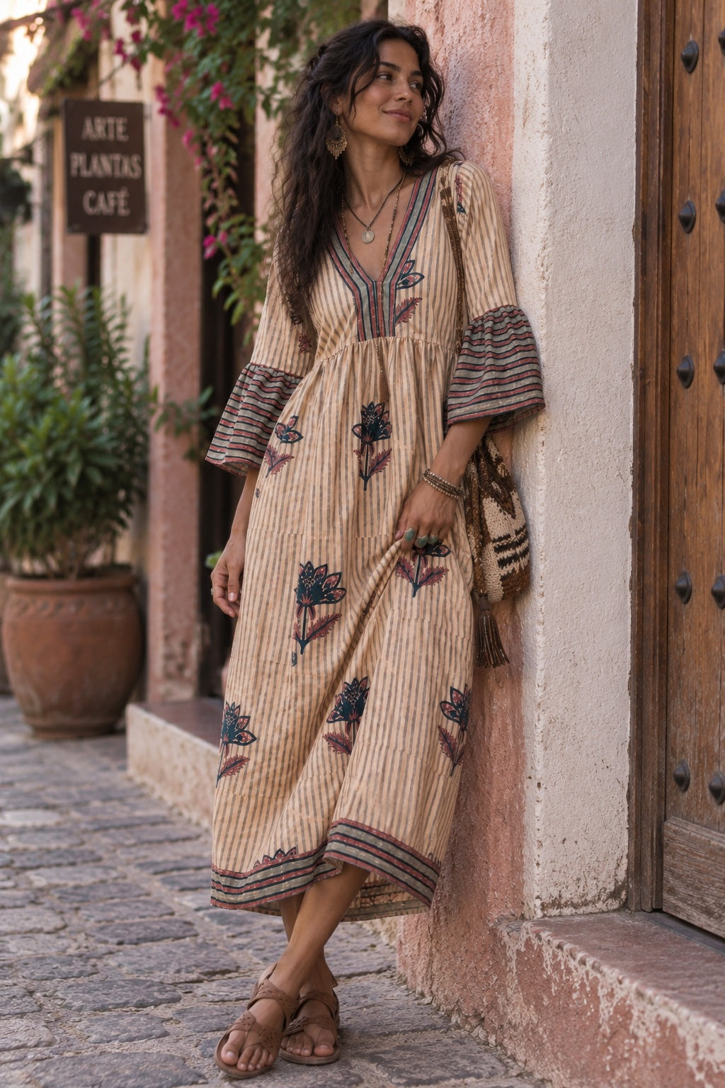 bell sleeve midi dress with block printed flowers and stripes