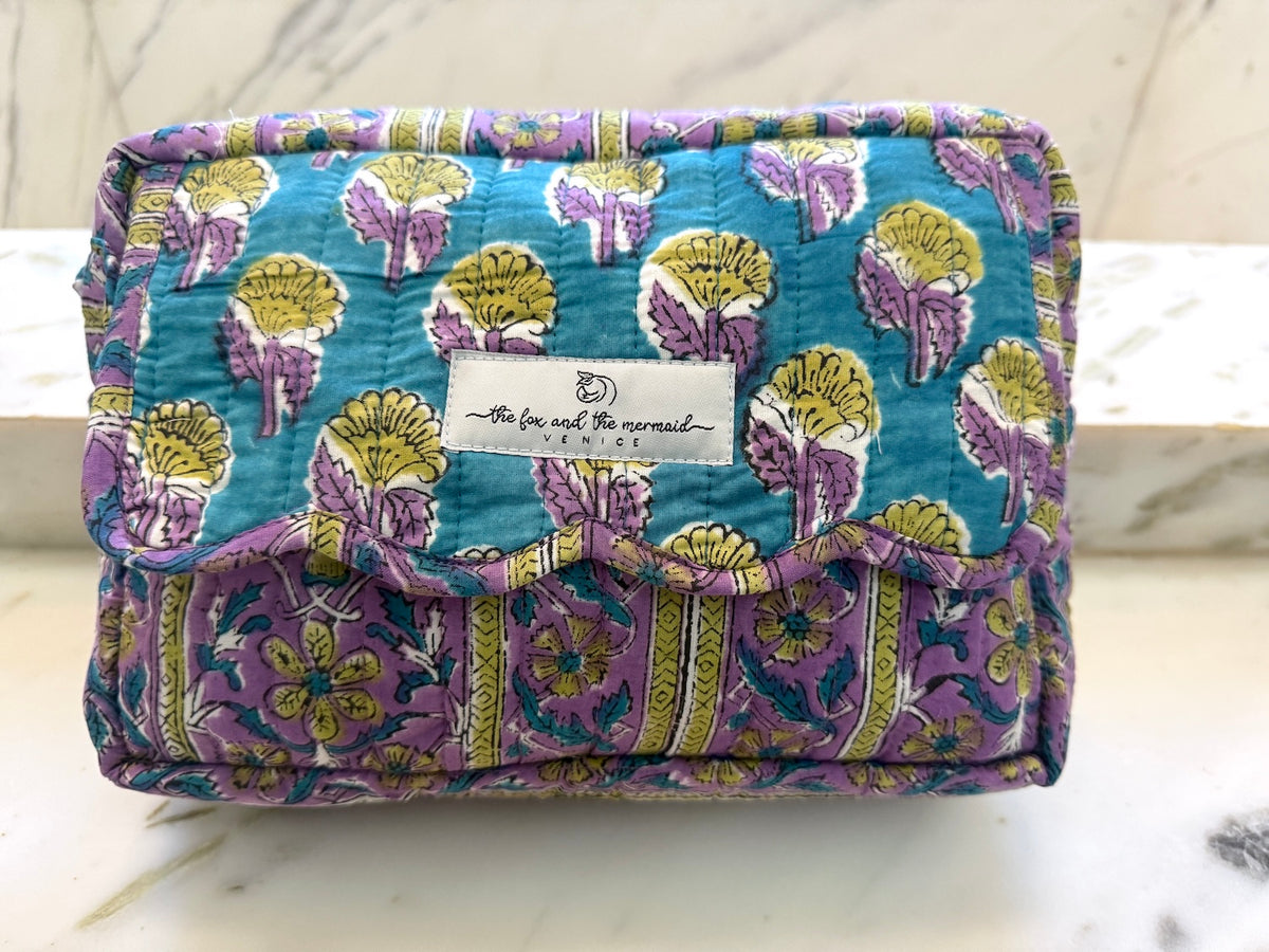 blue purple and yellow cotton quilted cosmetics bag