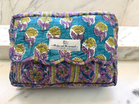 blue purple and yellow cotton quilted cosmetics bag