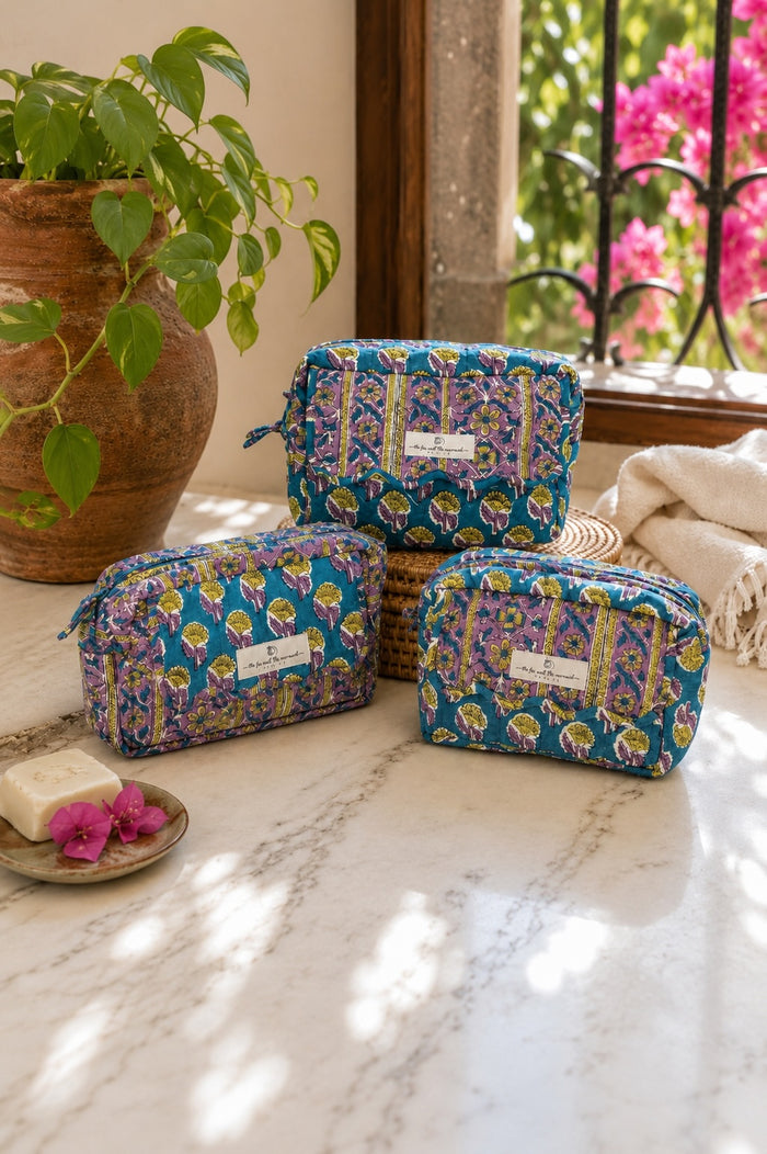 toiletry bags with block printed fabric and a scalloped top