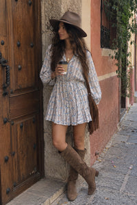 short block printed floral mini dress with long sleeves