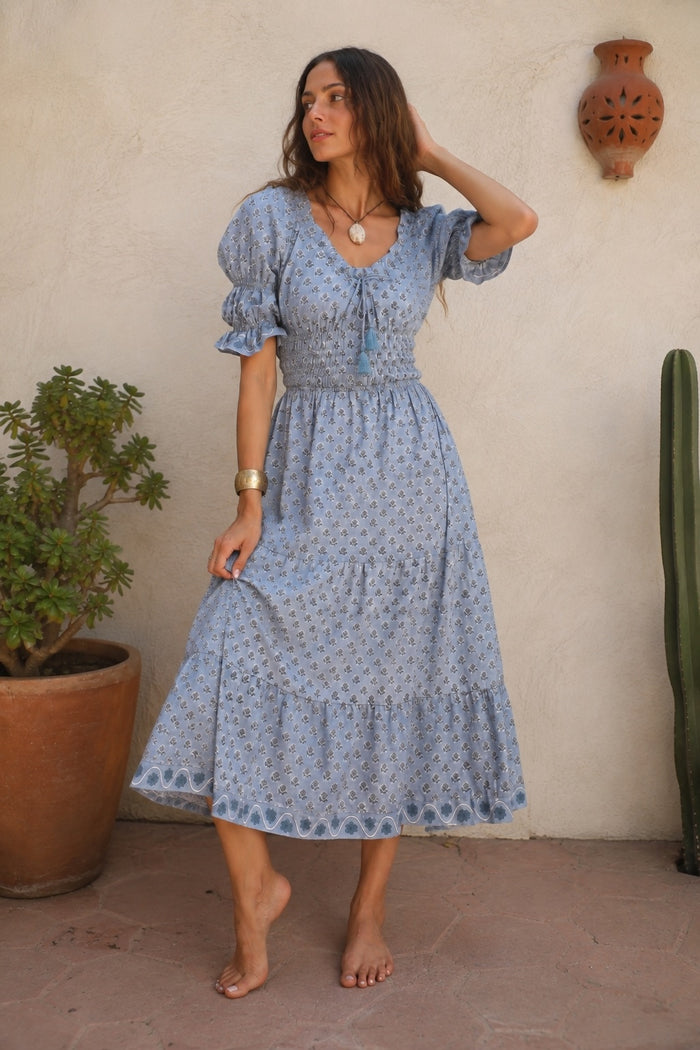 gray blue midi dress with double puff elastic sleeves