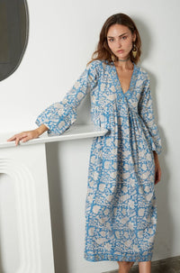 long sleeve blue gold maxi dress - The Fox and the Mermaid