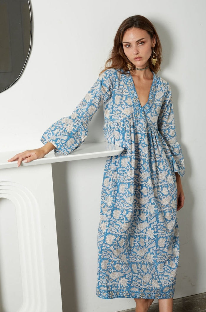 long sleeve blue gold maxi dress - The Fox and the Mermaid
