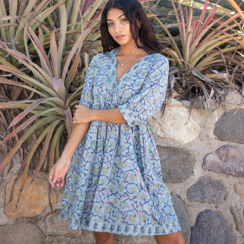blue-gray block printed dress - The Fox and the Mermaid