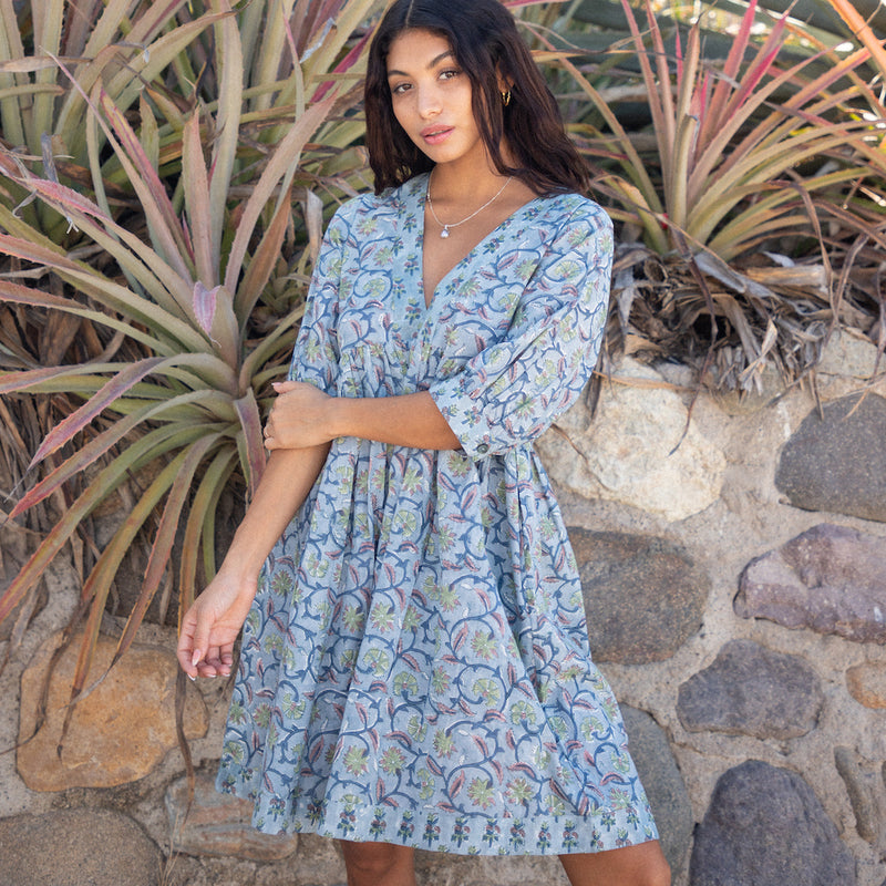 blue-gray block printed dress - The Fox and the Mermaid