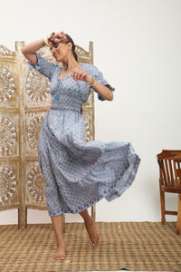 blue block printed flowy dress - The Fox and the Mermaid