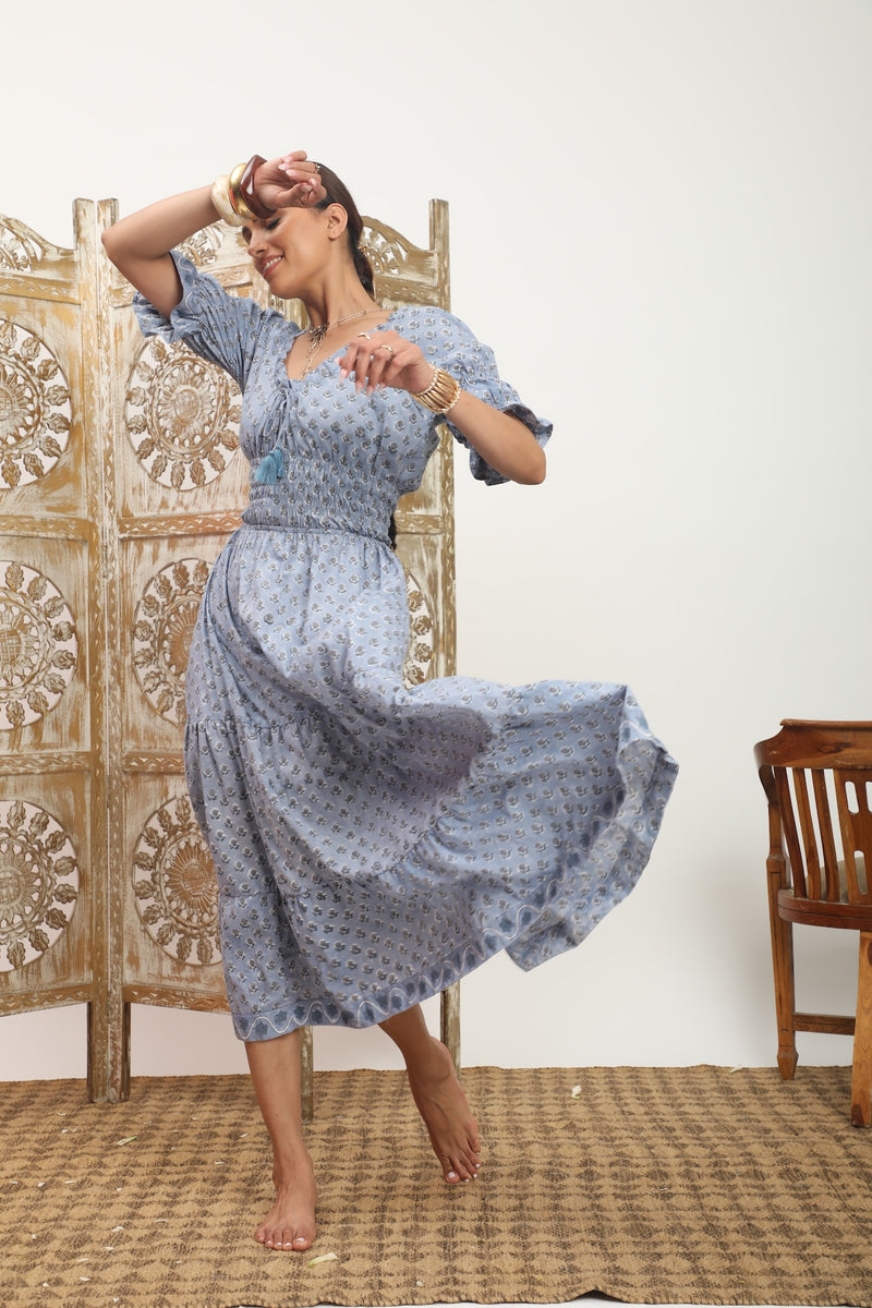 blue block printed flowy dress - The Fox and the Mermaid