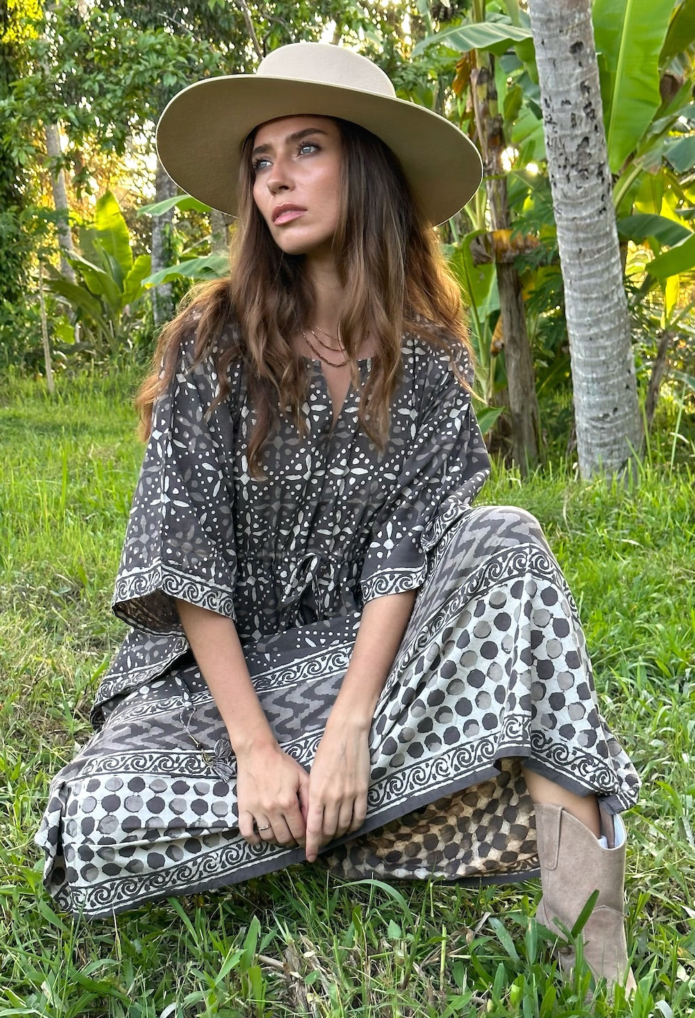 cotton kaftan dress for women Block-Printed in Cedar 2024Spring The bewilderment brings back It was hand printed Color:Pion