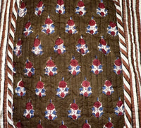 red and brown block print details
