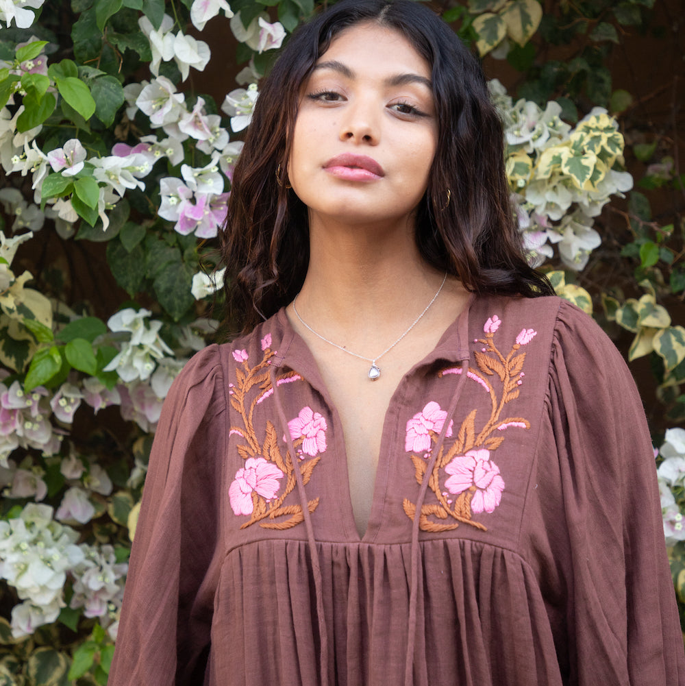 Kashiti Dress in Tobacco - Hand Embroidered Double Cotton Gauze The Fox and The Mermaid Kashiti Dress in Tobacco - Hand Embroidered Double Cotton Gauze The Fox and The Mermaid