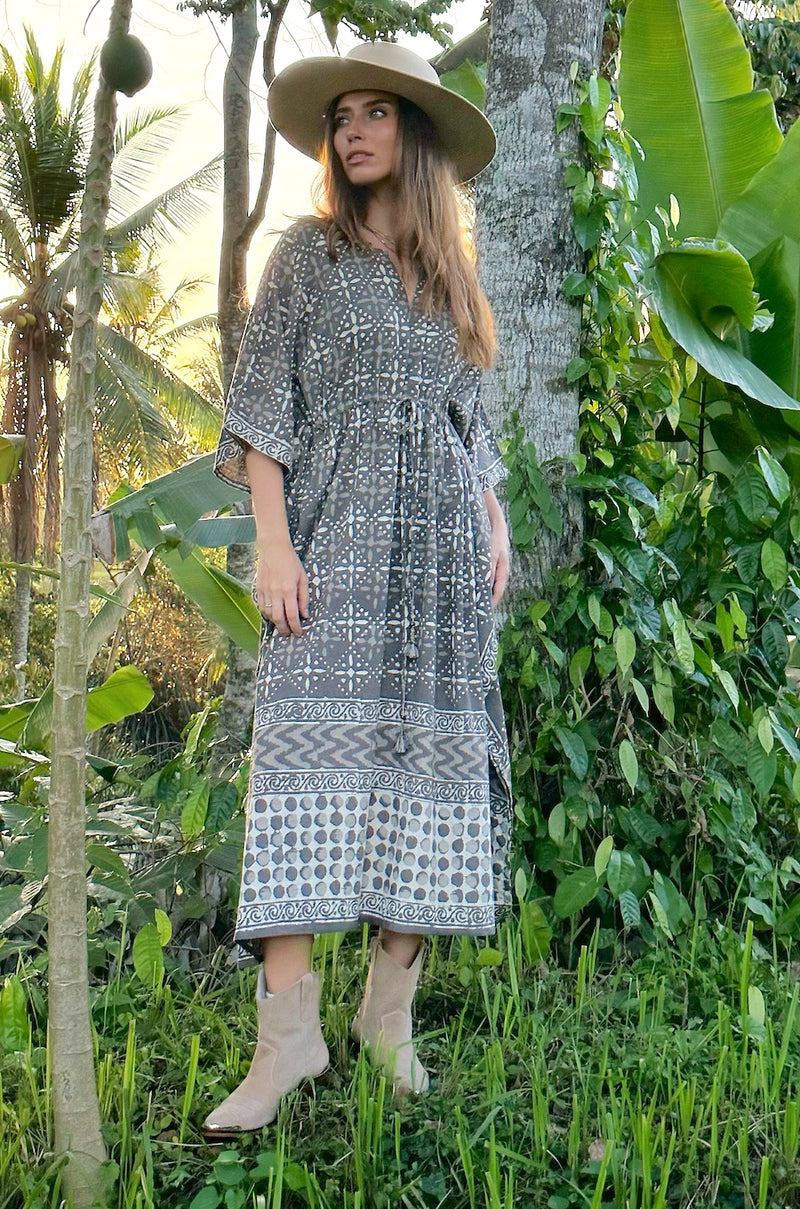 brown dabu block printed kaftan - The Fox and the Mermaid