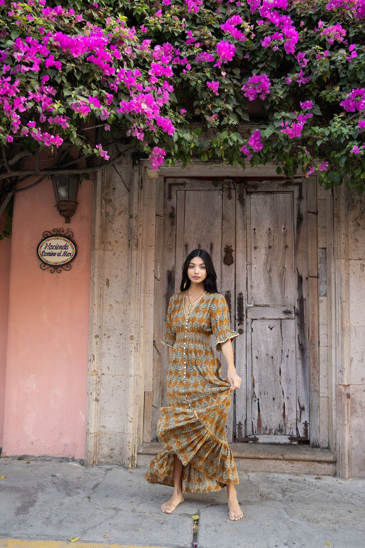 Tatiana Maxi Dress in Ochre - Hand Block Printed The Fox and The Mermaid Tatiana Maxi Dress in Ochre - Hand Block Printed The Fox and The Mermaid
