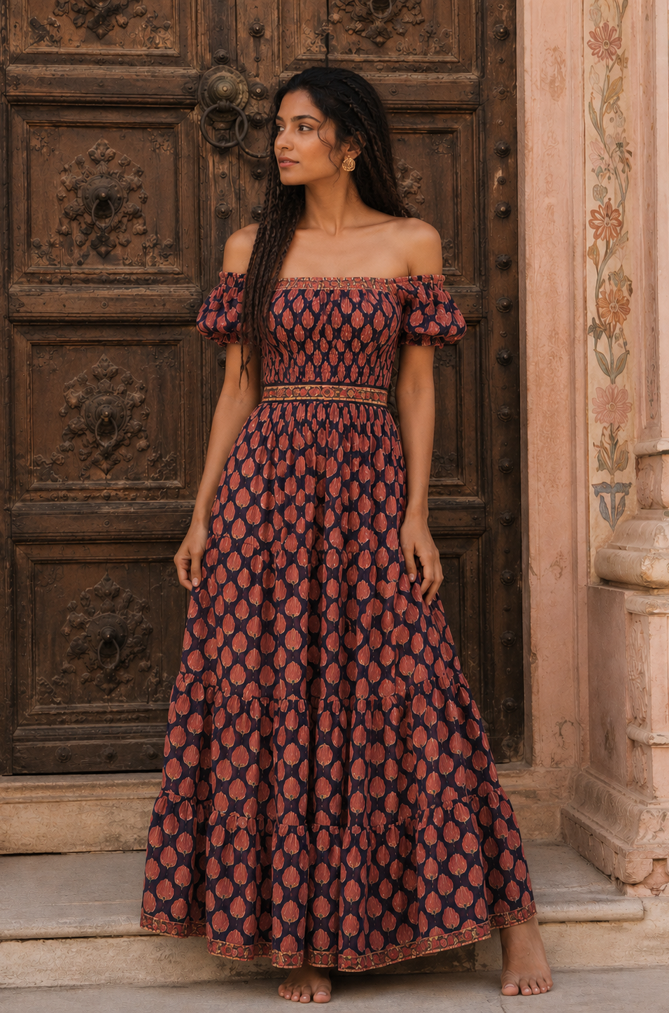 cotton block printed long flowy smocked maxi dress