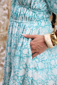 detail of pockets on mint turquoise cotton midi dress 