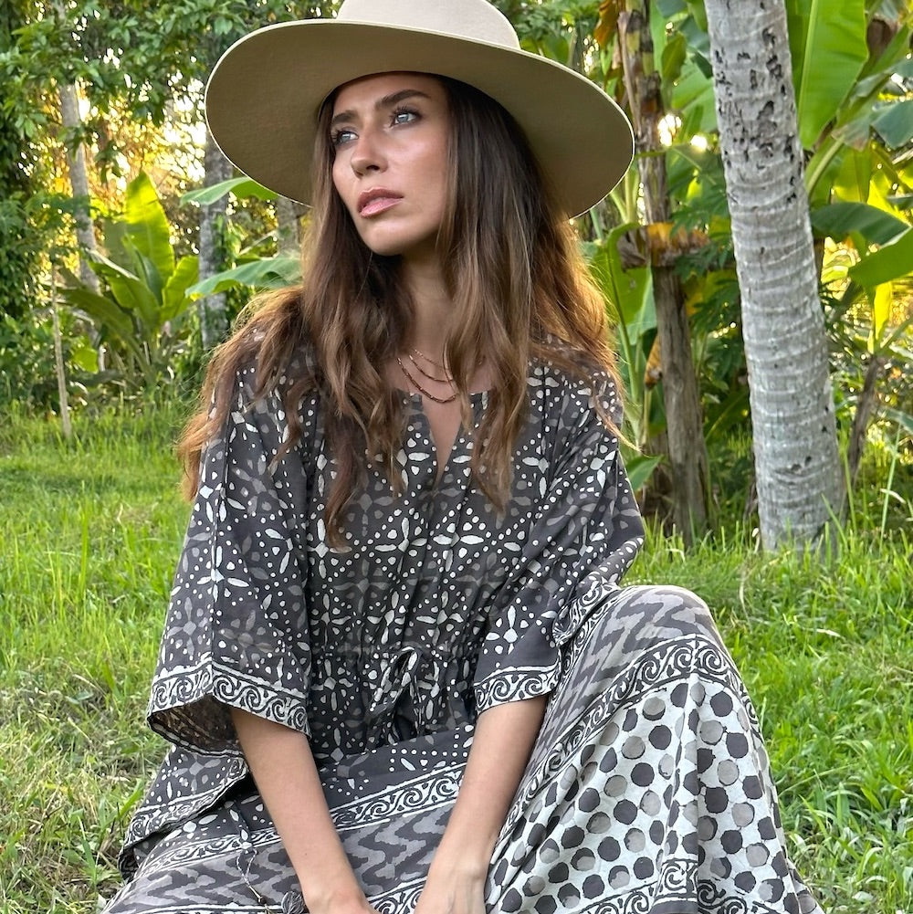 block printed dabu natural dye kaftan mumu dress