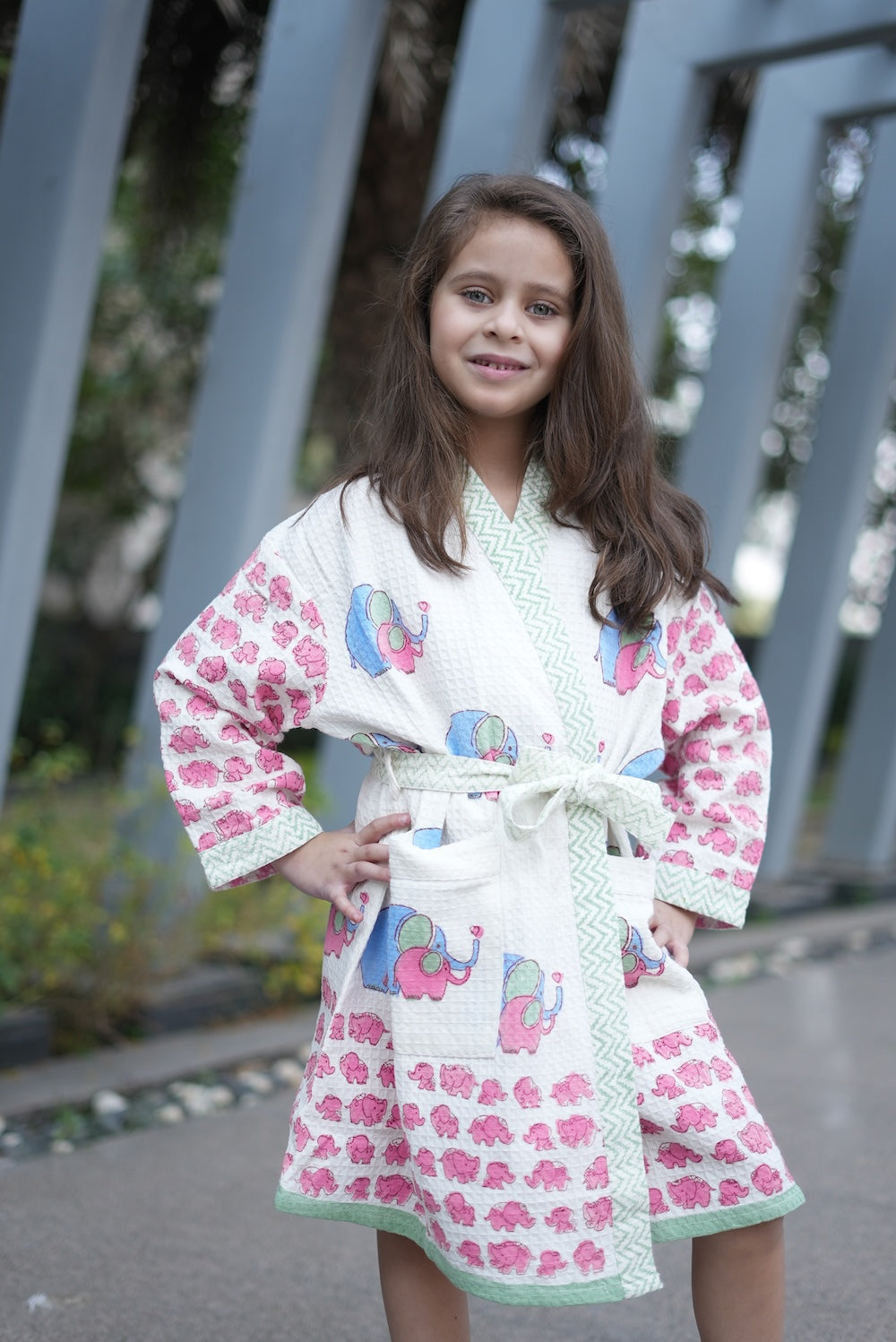 Children's Raja Block Printed Waffle Robe (Ages 6-12)