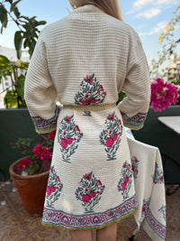 back view of white cotton waffle robe with pink flowers
