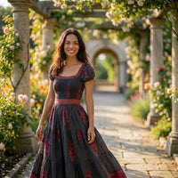 dark gray pink and orange maxi dress with smocking in bust