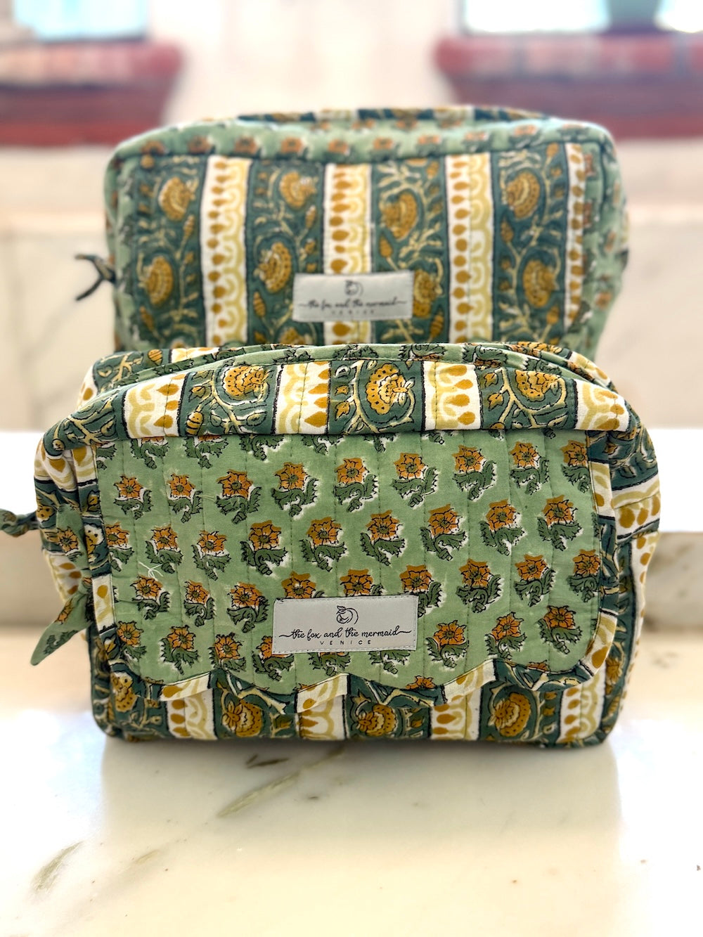 Set of  block print toiletry bags in small, medium and large sizes for travel organization