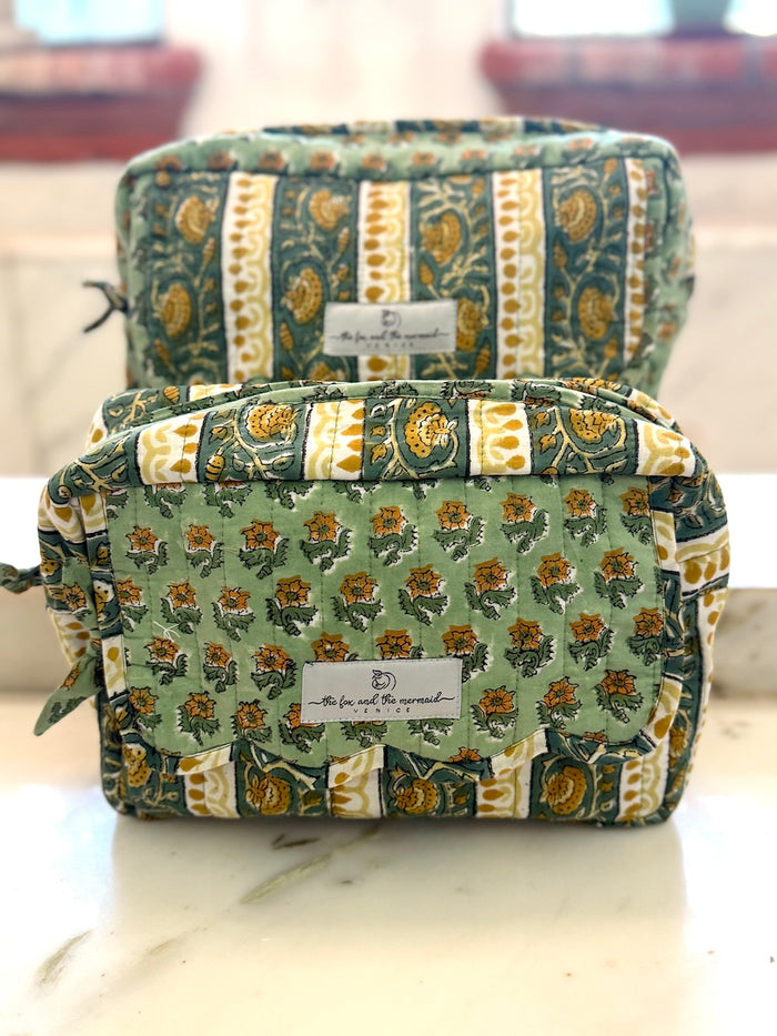 Set of  block print toiletry bags in small, medium and large sizes for travel organization