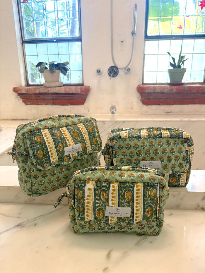Green block print cosmetic bag set with large size holding full-size toiletries and hairbrush