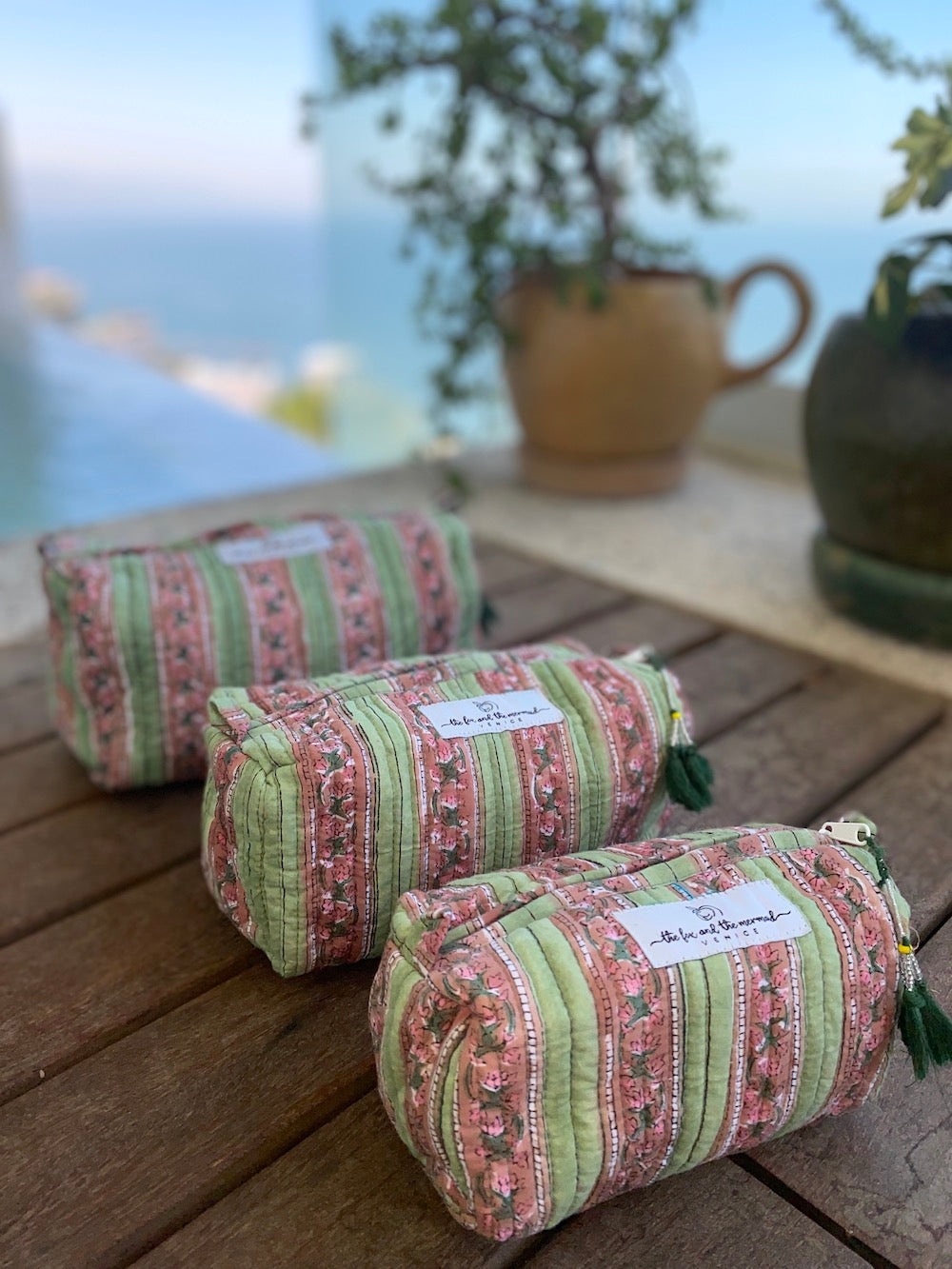 green block printed cosmetics purses - The Fox and the Mermaid