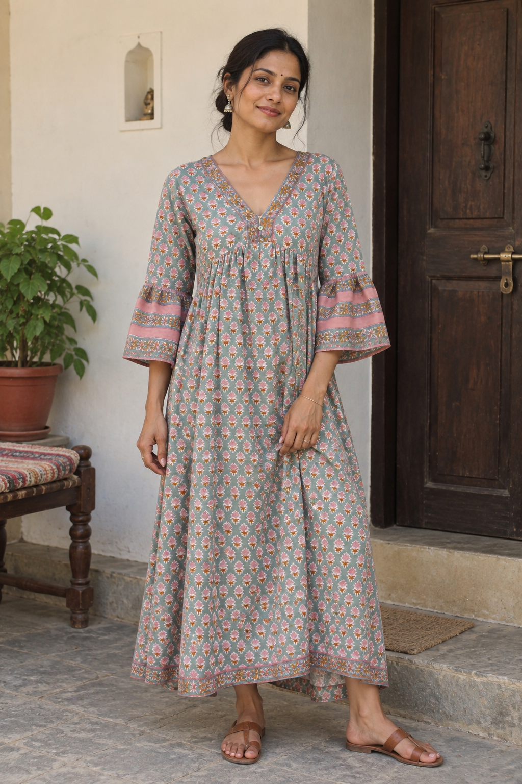 indian block printed green and pink midi dress