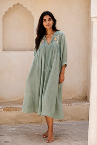 green embrodiered gauze dress with flowers